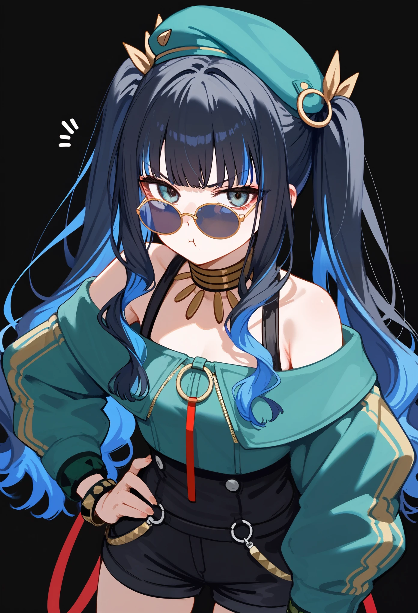 1girl, long hair, (twintails), hand on hip, multicolored hair, black hair, sidelocks, blue hair, wavy hair, eyeliner, jewelry, beret, o-ring, neck ring, black shorts, buttons, round sunglasses, bracelet, bare shoulders, green jacket,  off shoulder, zipper, leaning forward, annoyed, tsundere, black background, simple background, masterpiece, score_9, score_8_up, score_7_up