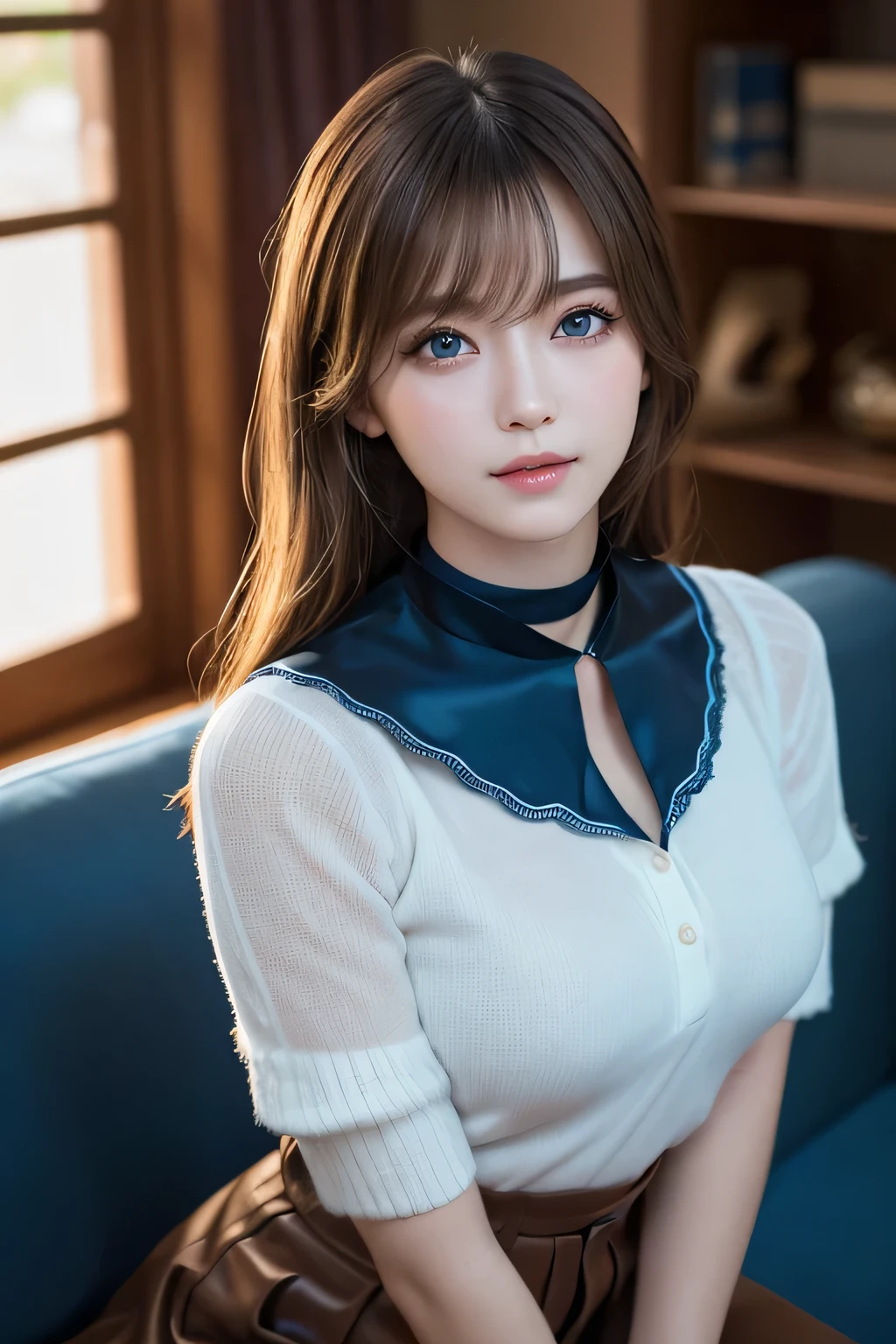 (highest quality, masterpiece:1.3, 超A high resolution), (Ultra-detailed, Caustics), (Photorealistic:1.4,RAW shooting,)Ultra-Realistic Capture,Very detailed,High resolution 16K, Close-up of human skin, The skin texture is natural, It must be detailed enough to be easily identifiable.。 Skin should look healthy and have an even tone。 Use natural light and color, ((Wagon)), A shiny collared blouse, Pleated mini skirt, Black Stockings, ((Mountain, blue sky, Slim body)), 1 girl, Japanese, 18-year-old, cute, Long Hair, Large Breasts, smile, Turn your body forward, (View from the front:1.1), Looking into the camera, (Cowboy Shot),sight, focused on the chest, Light brown hair, ((Black choker)), fluffy eyelashes, blue eyes, bangs