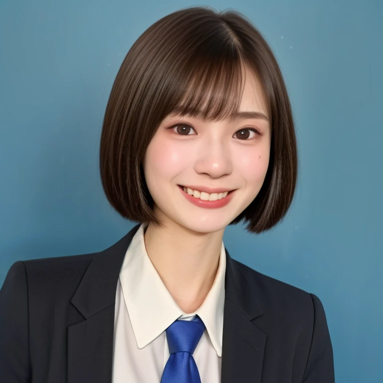 NSFW, (kawaii 24 year-old Japanese girl, Nogizaka idol, Korean idol), (glossy brown hair, very short hair, bangs:1.3), (beautiful black eyes, rounded face, narrow shoulders, single eyelid, no makeup, splash laughing:1.3), (wearing suit jacket, collared shirt, necktie:1.3), (extra small breasts:0.9), BREAK, (simple blue background:1.3), (view from forward, bust shot, wide shot, id photo:1.3), BREAK, (masterpiece, best quality, photo realistic, official art:1.4), (UHD, 8K quality wallpaper, high resolution, raw photo, golden ratio:1.3), (shiny skin), professional lighting, physically based rendering, award winning, (highly detailed skin, extremely detailed face and eyes), Carl Zeiss 85 mm F/1.4, depth of field, (1girl, solo),
