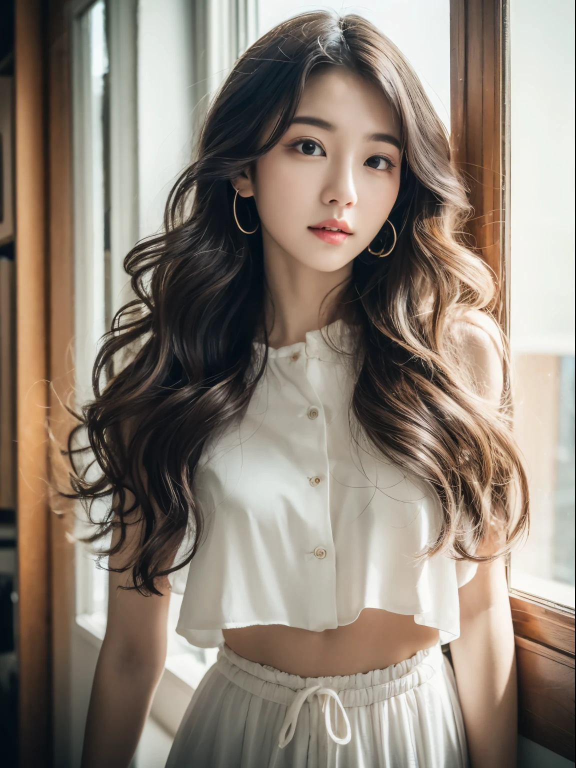 top-quality、​masterpiece、hight resolution、1girl in、solo、Raw photo、Real person、Detailed skin、japanes、brawn hair、thin bunches of bangedium Hair、Curly hair、Floating hair、fullllbody,cropped shirt、White Room、catchlight