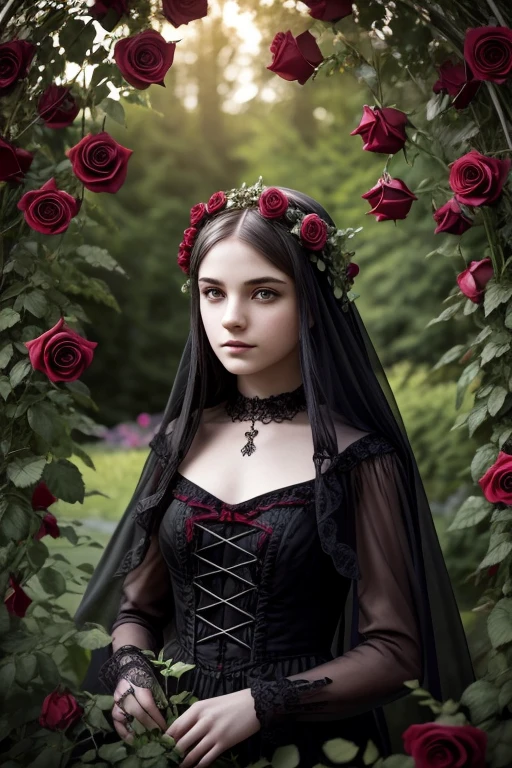 a 18 years old gothic girl in a garden, illustration, detailed red roses, best quality, highres, ultra-detailed, realistic, intricate details, soft lighting, vibrant colors ,bokeh, peaceful atmosphere, serene mood ,tranquil setting, harmony between nature and human presence, night, floggy.