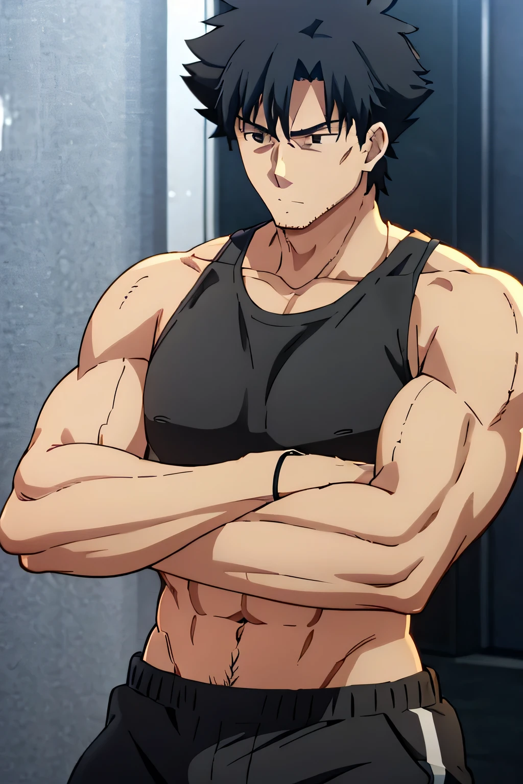 Kiritsugu is training in a black tanktop and in black boxershorts. He has a stoic and serious look while he is pumping his biceps. The veins on his biceps are bulging. He got a huge bulge.