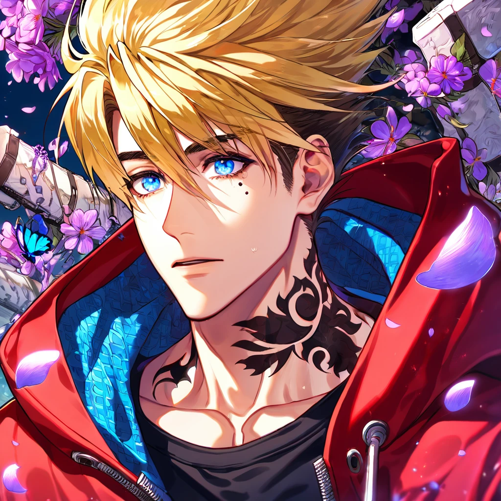 Ultra detailed, HDR, Highres, absurdres, master piece, Vash Stampede, blond hair, expressive blue eyes, Trigun, purple glittering butterflies, petals, fantasy, purple flowers, sexy man, solo, extremely detailed face and eyes, handsome, glittering, toned chest, black shirt with patterns, red long coat with a hoodie, tattoo on his neck, mole under his eye, black gloves