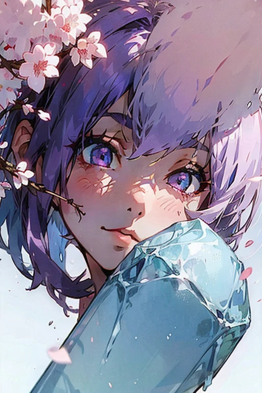 Purple and light blue gradient hair、ice、cherry blossoms、gem woman