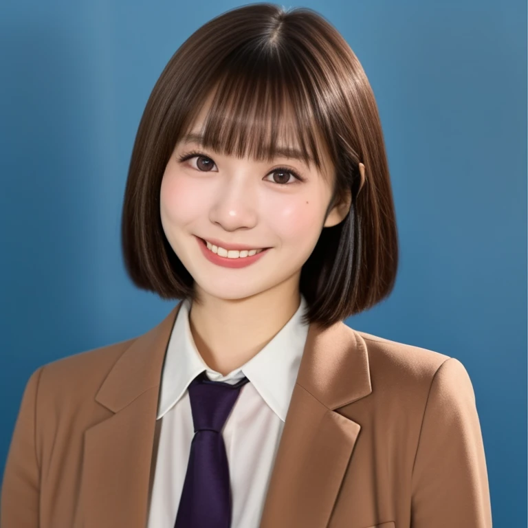 NSFW, (kawaii 24 year-old Japanese girl, Nogizaka idol, Korean idol), (glossy brown hair, very short hair, bangs:1.3), (beautiful black eyes, rounded face, narrow shoulders, single eyelid, no makeup, splash laughing:1.3), (wearing suit jacket, collared shirt, necktie:1.3), (extra small breasts:0.9), BREAK, (simple blue background:1.3), (view from forward, bust shot, wide shot, id photo:1.3), BREAK, (masterpiece, best quality, photo realistic, official art:1.4), (UHD, 8K quality wallpaper, high resolution, raw photo, golden ratio:1.3), (shiny skin), professional lighting, physically based rendering, award winning, (highly detailed skin, extremely detailed face and eyes), Carl Zeiss 85 mm F/1.4, depth of field, (1girl, solo),