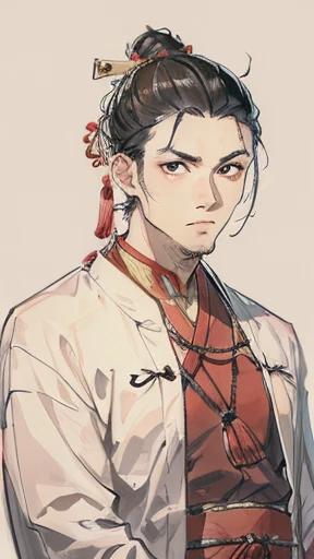 Ancient Chinese Man、Man in ancient Chinese clothing、intelligent man、looking at the camera、Upper Body、Hair tied up in a bun