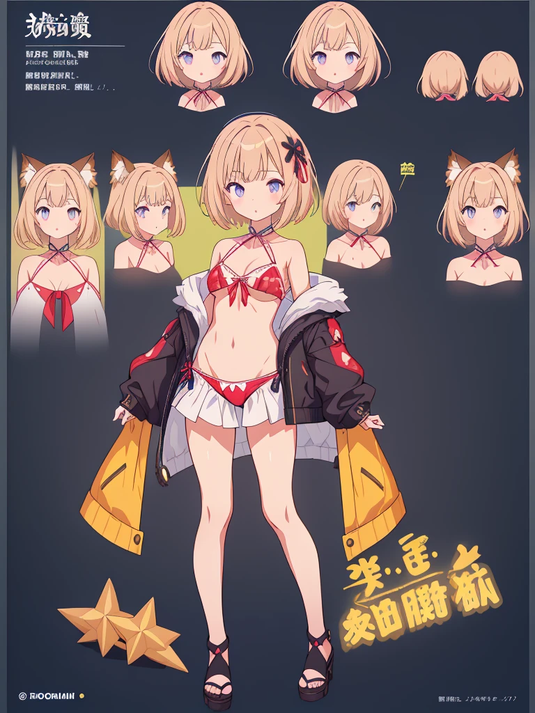 1girl、vtuber-fullbody、highest quality、Masterpiece、Official Art、The best composition、Super detailed、Standing in front of the viewer、short hair、8 heads、シンプルなbikini、Character design sheet、bikini、I don't wear clothes、Small breastany exposed areas、