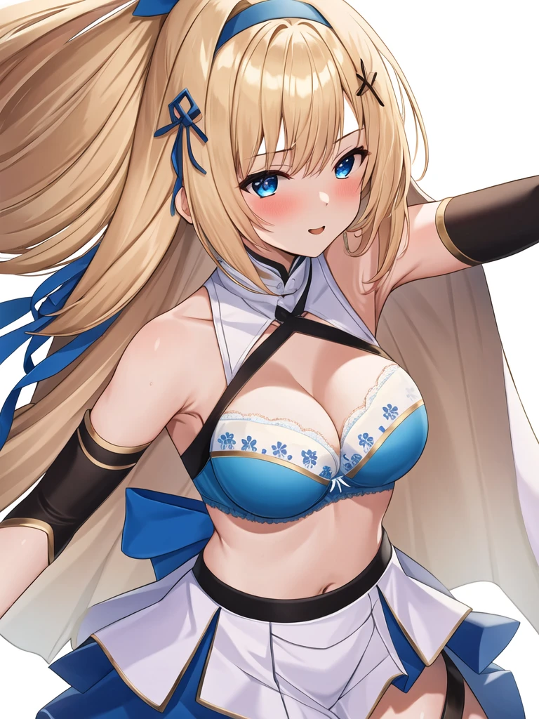 (masterpiece, best quality:1.2), 1 Girl, Solitary, blond, Blue hair band, 左边是Blue hair band, White blue bra, Black gloves, knight skirt, Solid color background