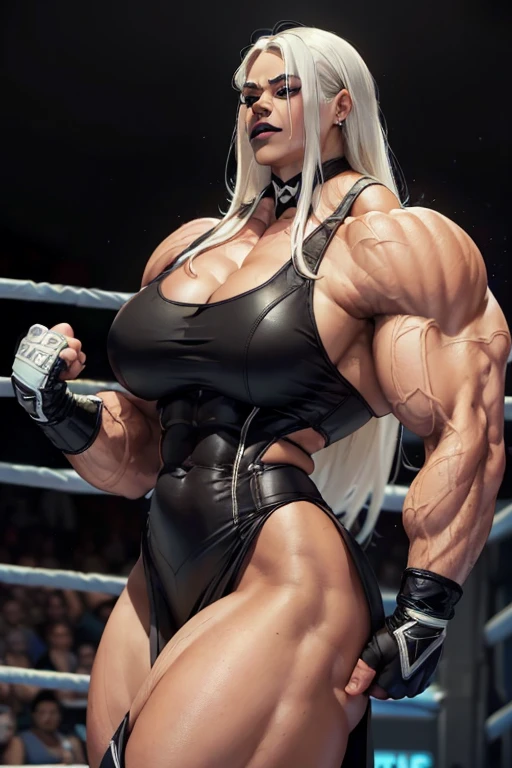 (((((Massive tall, beautiful, buff, brown skinned woman with white hair, black lipstick, ginormous bulky muscles and wearing a black pro wrestling suit with skirt and elbow pads))))), close view, massive muscle, massive biceps, hyper muscle shoulders, (massive muscle arms), vascular shoulders, hyper muscle triceps, (long straight hair), blue eyes, choker, pro wrestling boots, in a pro wrestling ring, (fingerless gloves), confident smirk, night, hyper vascular arm, hyper muscles arms, hyper muscle legs, (massive arms).