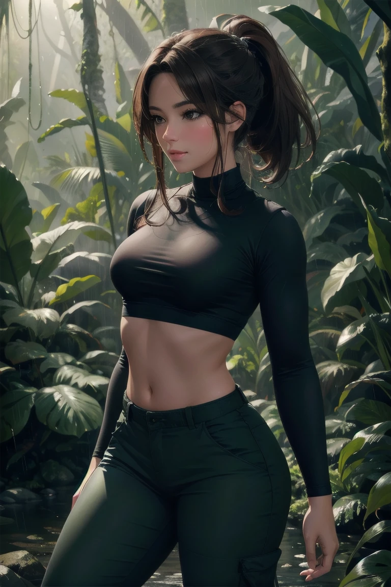 realistic portrait of a 36 year old woman, 1 girl, anime style, best quality, 4k, 8k, highres, masterpiece, ultra-detailed, photorealistic, black t-shirt, tight military pants, baggy camo pants, walking in rainy jungle, brown hair, floating hair, small breasts, detailed facial features, beautiful detailed eyes, beautiful detailed lips, extremely detailed face, long eyelashes, dynamic pose, dramatic lighting, cinematic atmosphere, muted color palette, rain effect, lush jungle environment, detailed textures, volumetric lightingponytail, standing up