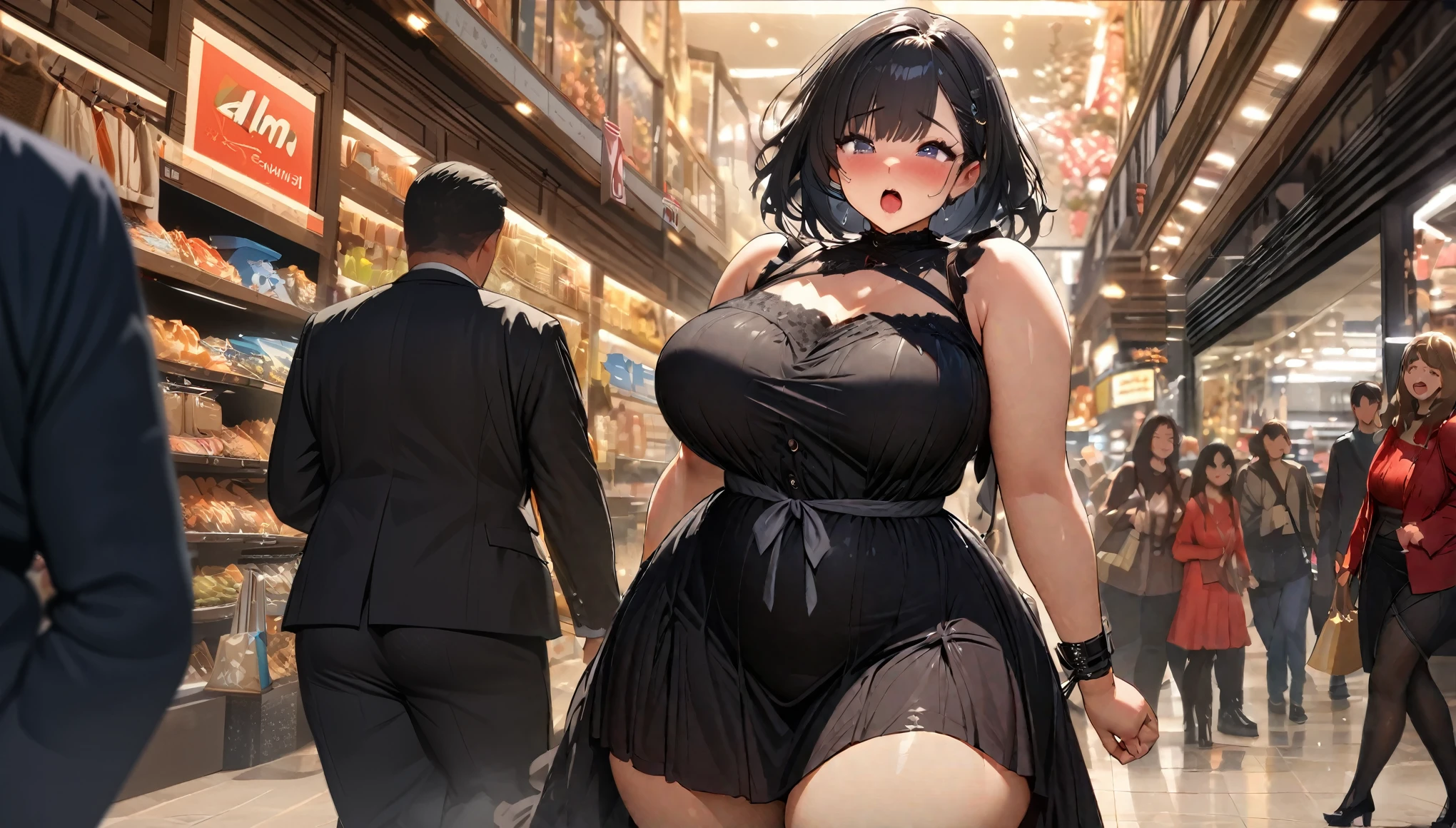 BDSM, ((Dom & Submissive Girl)), Walking in Shopping, ((Dress)), Dark, Romantic, ((Curvy Girl)), ((Chubby)), Black Hair, ((Submissive)), Tied, Excited, High Details, HD, High Resolution, Masterpiece, 4K