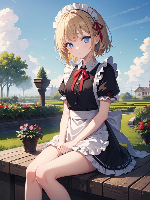 masterpiece, highest quality, Very detailed, 16k, Ultra-high resolution, , Detailed face, blue eyes, blonde, Braiding, Red ribbon on head, Black maid outfit, blue sky, garden, Red Rose, sit, bottomless