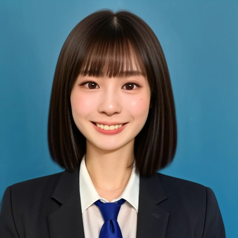 NSFW, (kawaii 24 year-old Japanese girl, Nogizaka idol, Korean idol), (glossy brown hair, very short hair, bangs:1.3), (beautiful black eyes, rounded face, narrow shoulders, single eyelid, no makeup, splash laughing:1.3), (wearing suit jacket, collared shirt, necktie:1.3), (extra small breasts:0.9), BREAK, (simple blue background:1.3), (view from forward, bust shot, wide shot, id photo:1.3), BREAK, (masterpiece, best quality, photo realistic, official art:1.4), (UHD, 8K quality wallpaper, high resolution, raw photo, golden ratio:1.3), (shiny skin), professional lighting, physically based rendering, award winning, (highly detailed skin, extremely detailed face and eyes), Carl Zeiss 85 mm F/1.4, depth of field, (1girl, solo),