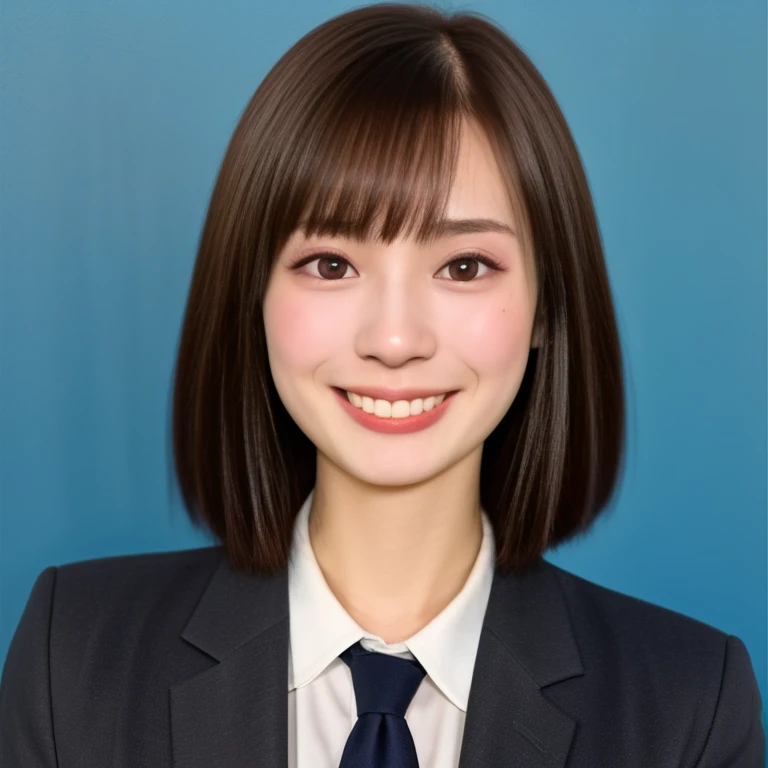 NSFW, (kawaii 24 year-old Japanese girl, Nogizaka idol, Korean idol), (glossy brown hair, very short hair, bangs:1.3), (beautiful black eyes, rounded face, narrow shoulders, single eyelid, no makeup, splash laughing:1.3), (wearing suit jacket, collared shirt, necktie:1.3), (extra small breasts:0.9), BREAK, (simple blue background:1.3), (view from forward, bust shot, wide shot, id photo:1.3), BREAK, (masterpiece, best quality, photo realistic, official art:1.4), (UHD, 8K quality wallpaper, high resolution, raw photo, golden ratio:1.3), (shiny skin), professional lighting, physically based rendering, award winning, (highly detailed skin, extremely detailed face and eyes), Carl Zeiss 85 mm F/1.4, depth of field, (1girl, solo),