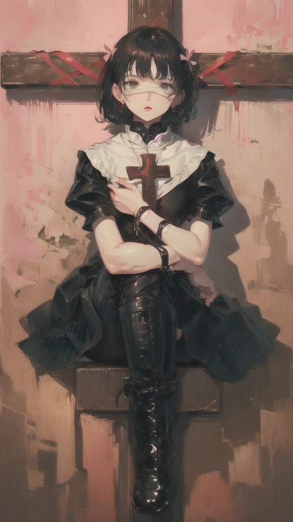 Carrying the cross in Yazawa Yukie style,One girl,alone,Black Hair,Black footwear,ribbon,dress,View Viewer,Sitting,shoes,pink dress,Realistic,pink ribbon,Puffy sleeves,Red lips,Medium Hair,shoes下,whole body,short hair,Latin Cross,
