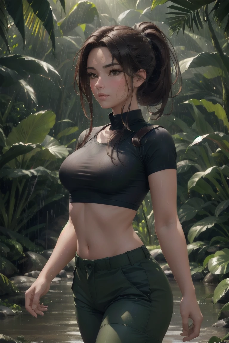 realistic portrait of a 36 year old woman, 1 girl, anime style, best quality, 4k, 8k, highres, masterpiece, ultra-detailed, photorealistic, black t-shirt, tight military pants, baggy camo pants, walking in rainy jungle, brown hair, floating hair, small breasts, detailed facial features, beautiful detailed eyes, beautiful detailed lips, extremely detailed face, long eyelashes, dynamic pose, dramatic lighting, cinematic atmosphere, muted color palette, rain effect, lush jungle environment, detailed textures, volumetric lightingponytail, standing up, looking at viewer, and on the back of head tying hair back