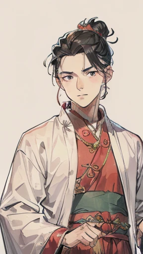 Ancient Chinese Man、Man in ancient Chinese clothing、intelligent man、looking at the camera、Upper Body、The hair in a bun is wrapped in cloth.