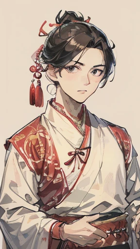Ancient Chinese Man、Man in ancient Chinese clothing、intelligent man、looking at the camera、Upper Body、The hair in a bun is wrapped in cloth.