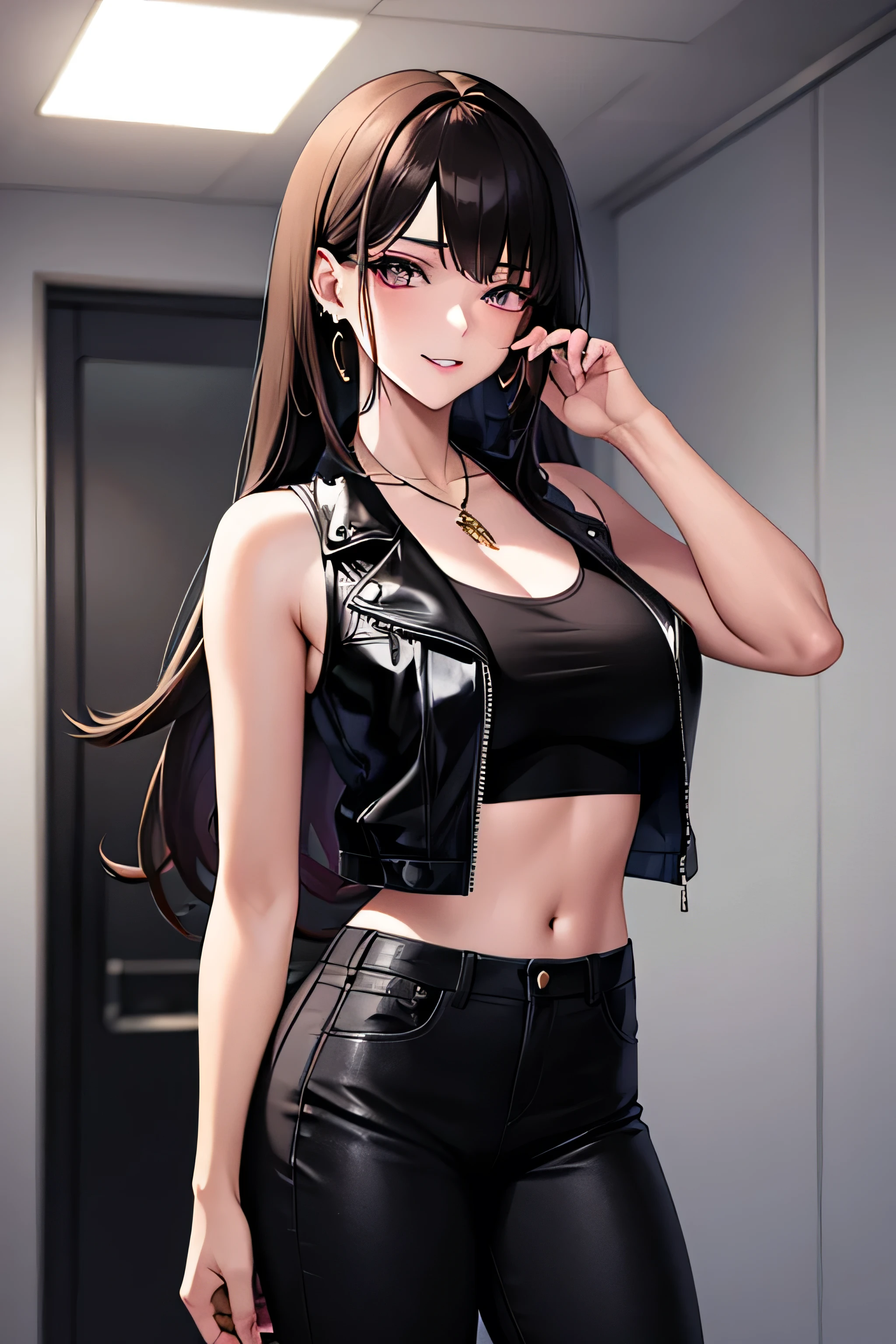 Beautiful anime tomboy girl, she is very hot and sexy, she is very gorgeous, she have a long brown hair and brown shiny eyes, she have a white soft skin and pink lips, she is wearing a Black Jean's and black leather jacket showing her cleavage, she is wearing earrings and necklace, she looks at your with mischievous grin while smoking cigarettes she is standing in a dark hallway