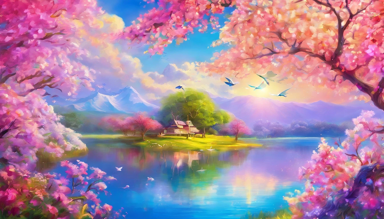 sky with sun clouds birds , lago com cisnes, garden apple blossom flower pássaros White pink lilac blue, an explosion of colors, coisas complexas ao redor, complexo em segundo plano, pintura estilo 3D aquarela, imagem completa, high resolution, high contrast, Foto CRU, 8k hd