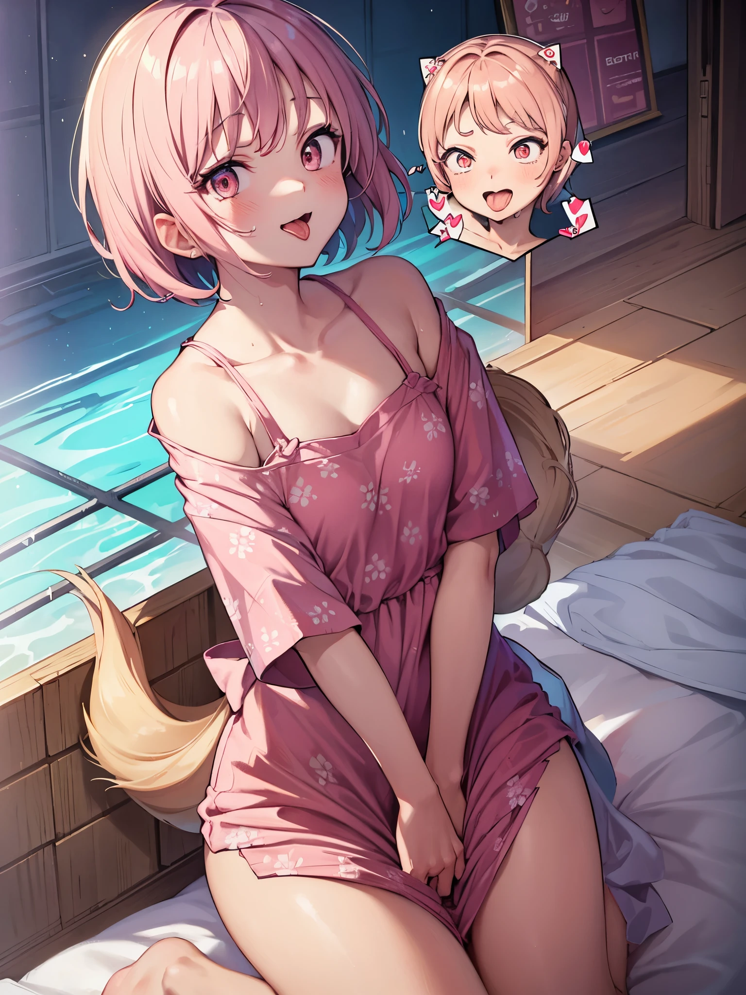 (masterpiece), highest quality, Expressive eyes, Perfect Face, Open your mouth, cum on tongue, Cum in mouth, tongue, tongue out, short hair, blush, smile, Ahegao, Medium chest, short hair, , blush, Sweat