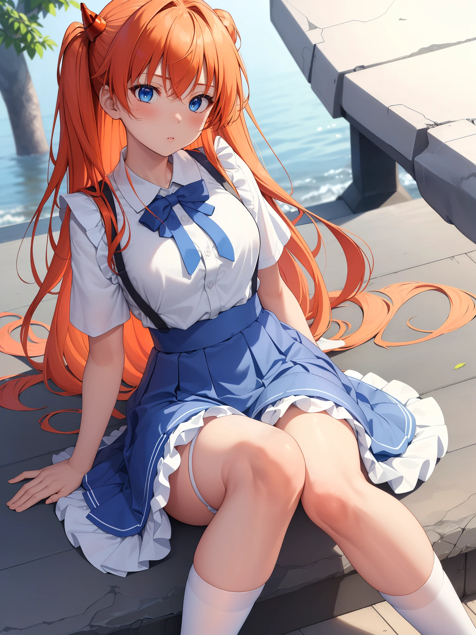 (masterpiece, highest quality:1.2), (Tsurime:1.2),
(Face Focus, Face close-up, Close-up face:1.2), Tsurime, One girl, Soryu Asuka Langley, alone, blue eyes, , View your viewers, Long Hair, Recall, Tokyo 3 Middle , Orange Hair, white shirt, From behind, shirt, Short sleeve, Mouth closed, bangs, Both sides up, stage, The legs are detached from the frame, White socks, Suspender skirt, Blue Skirt, blue dress, Outdoor, dress, hair ornaments,