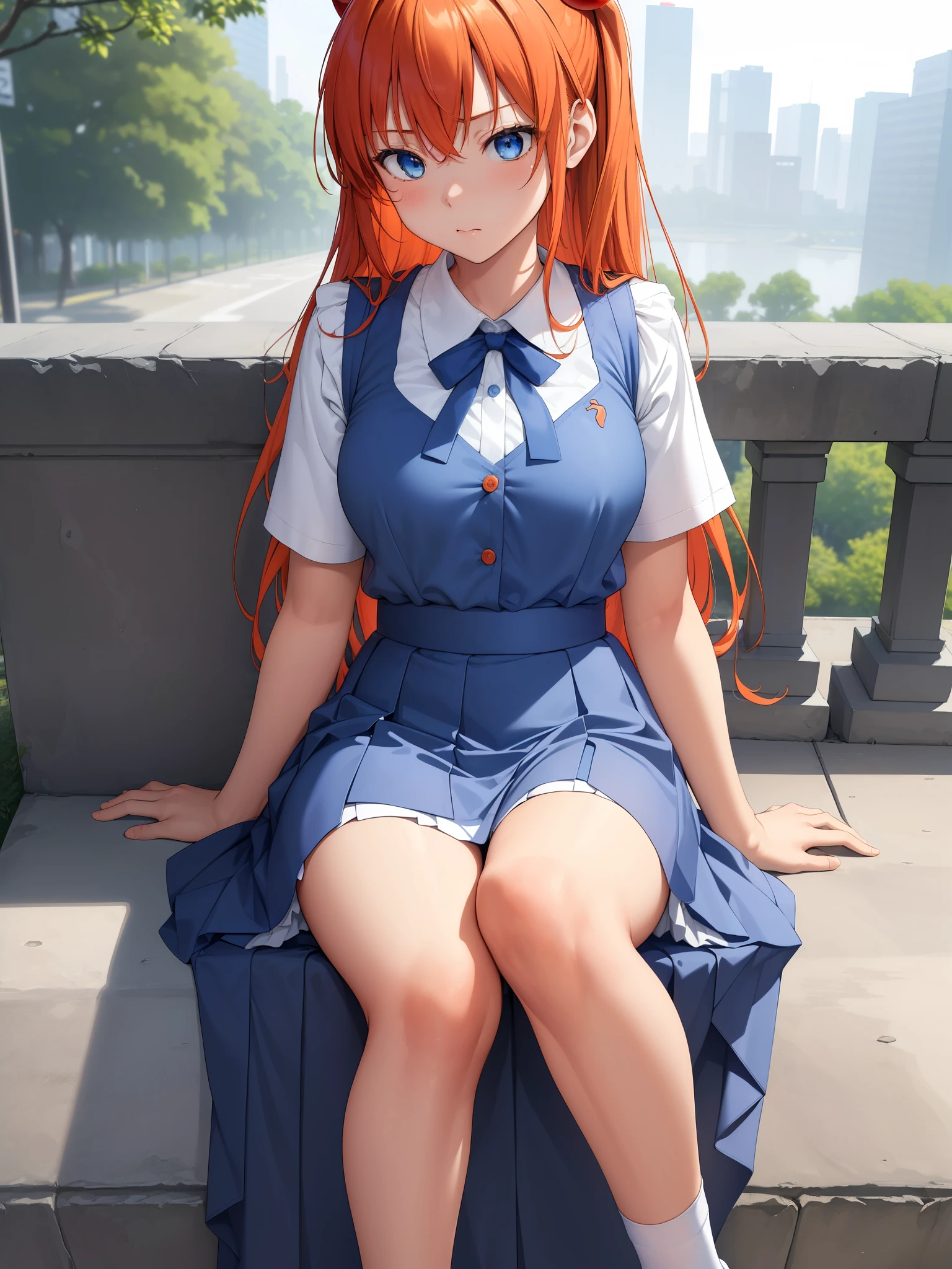 RAW, 1girl, solo, colorful, (masterpiece, best quality:1.3), (absurdres:1.3), (photorealistic:1.3), (detailed skin:1.3, detailed face:1.3), sitting, looking at viewer,
sharp focus, delicate, (beautiful cute korean_girl:1.3), (ulzzang-6500:0.2),
(huge breasts:1.3, thick thighs:1.2, narrow :1.1),
(shiny skin:1.4), light smile,
(Orange_very_long_twintails:1.3),(big_eyes:1.2, blue_eyes), (brown_gloss_eyeshadow:1.2), red_lips,
Blue frilled shirt, blue_suspender skirt / black_pantyhose,
willow, wooden bench, flower, grass, lake, (cloudy sky:1.3), (rain:0.5), blossom garden