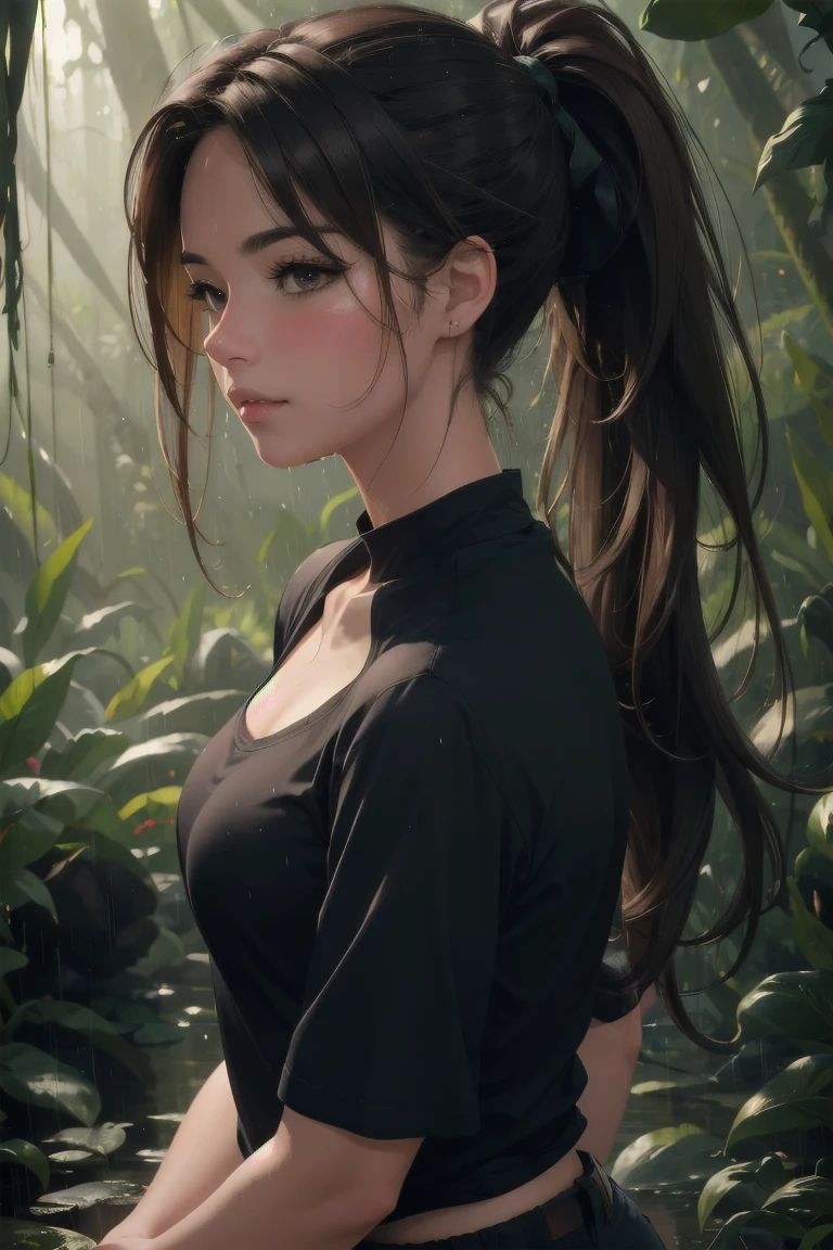 realistic portrait of a 36 year old woman, 1 girl, anime style, best quality, 4k, 8k, highres, masterpiece, ultra-detailed, photorealistic, black t-shirt, tight military pants, baggy camo pants, walking in rainy jungle, brown hair, floating hair, small breasts, detailed facial features, beautiful detailed eyes, beautiful detailed lips, extremely detailed face, long eyelashes, dynamic pose, dramatic lighting, cinematic atmosphere, muted color palette, rain effect, lush jungle environment, detailed textures, volumetric lightingponytail, standing up, looking at viewer, and on the back of head tying hair back, collarbone