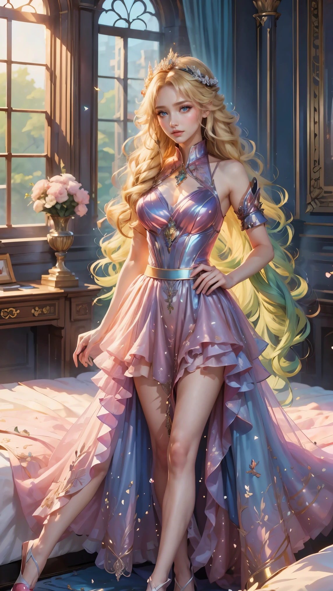 Best quality, masterpiece, ultra high res, raw photo, beautiful and aesthetic, deep shadow, fairy theme,(ultra detailed:1.3),
1girl, dynamic pose, flower headdress, drill hair, long hair, blonde hair, gradient hair, yellow eyes, solo, huge breasts, big hair, blue hair, divine goddess, looking at viewer, indoors, queen bedroom, empress bed, room full of curtain, astraea, full body, pink dress, crystalline dress, transparant dress,