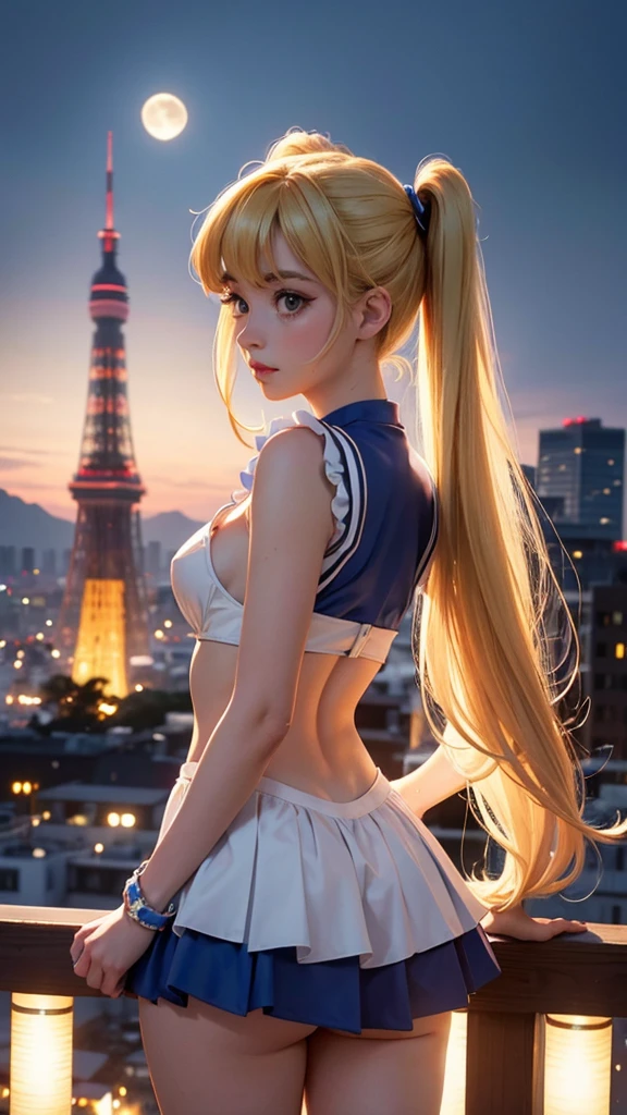 Serena Tsukino de Sailor Moon, semidesnuda, iconic white and blue sailor moon costume, tiene su iconico cetro lunar en la mano,very sexy small clothes,joven, cuerpo muy delgado, super skynny body, small and beautiful buttocks, abdomen tonificado, puedo ver sus senos hermosos y perfectos,piernas hermosas, manos perfectas, intelligent, poder resplandeciente, obscena, poderosa, sensual, In the background is the Tokyo Tower of Japan, se observa la luna grande en el fondo,mirada sensual, ojos hermosos,cabello muy largo, classic long pigtails hairstyle,Hair dyed in bright blonde color, Best quality,8K,A high resolution,Masterpiece,Ultra detailed,Realistic, Photorealistic,photo realistic