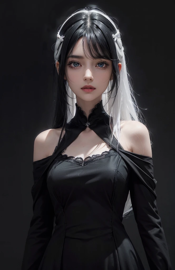 (Surreal), (illustration), (Improve resolution), (8K), (Very detailed), (Best illustration), (Beautiful and delicate eyes), (best quality), (Super detailed), (masterpiece ), ( wallpaper), (Delicate face), Solitary, 1 girl, looking at the audience, fine details, Delicate face, in the darkness, Deep Shadows, Low profile, purebred face_V1, Smile, long hair, Black shawl straight hair , Side bangs, masterpiece, best quality, 35 mm, 8K, absurd, beautiful girl, (Upper Body, Dark gray background:1.4), (black classic dress, Black Hair:1.6), slim, Dark Studio, Edge lighting, Surreal, High resolution, photography, Film Grain, Chromatic Aberration, Depth of Field, Clear focus, HDR, Surface light, Dynamic Lighting, movie lighting, Professional shadowing, Dark Shadows, The most detailed, Extremely detailed, Super detailed, Fine details, Genuine Leather, Exquisite facial features, Delicate face and eyes, Sharp pupils, Realistic students, long Black Hair with bangs, Black Hair top, white hair undercolor, Two-tone split hair , Two-tone split hair black and white color hair,Black Hair, white hair, Mix hair colors,Green Eyes, white hair emerald eyes. white hair