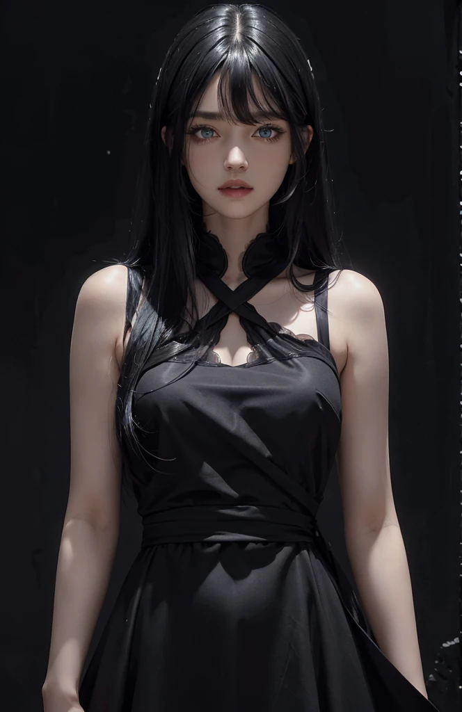 (Surreal), (illustration), (Improve resolution), (8K), (Very detailed), (Best illustration), (Beautiful and delicate eyes), (best quality), (Super detailed), (masterpiece ), ( wallpaper), (Delicate face), Solitary, 1 girl, looking at the audience, fine details, Delicate face, in the darkness, Deep Shadows, Low profile, purebred face_V1, Smile, long hair, Black shawl straight hair , Side bangs, masterpiece, best quality, 35 mm, 8K, absurd, beautiful girl, (Upper Body, Dark gray background:1.4), (black classic dress, Black Hair:1.6), slim, Dark Studio, Edge lighting, Surreal, High resolution, photography, Film Grain, Chromatic Aberration, Depth of Field, Clear focus, HDR, Surface light, Dynamic Lighting, movie lighting, Professional shadowing, Dark Shadows, The most detailed, Extremely detailed, Super detailed, Fine details, Genuine Leather, Exquisite facial features, Delicate face and eyes, Sharp pupils, Realistic students, long Black Hair with bangs, Black Hair top, white hair undercolor, Two-tone split hair , Two-tone split hair black and white color hair,Black Hair, white hair, Mix hair colors,Green Eyes, white hair  emerald eyes. white hair