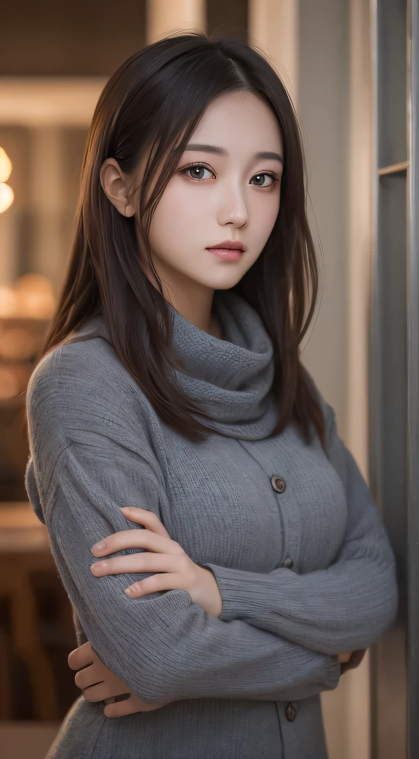 Tabletop, highest quality, shape, Very detailed, finely, High resolution, 8k wallpaper, Perfect dynamic shape, Beautiful and beautiful eyes, Winter women's fashion,Straight hair,Small breasts、Natural color lip, Bold sexy pose,smile、20-year-old girl、cute、sexy shot looking at camera,Night view,Beautifully detailed face、KPOP idol faces,Japanese idol faces,Elegant face,Classy woman,Slim face and body,Small face,Big eyes,Very cute face,Putting on gal makeup