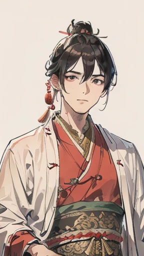 Ancient Chinese Man、Man in ancient Chinese clothing、intelligent man、looking at the camera、Upper Body、The hair in a bun is wrapped in cloth.