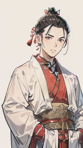Ancient Chinese Man、Man in ancient Chinese clothing、intelligent man、looking at the camera、Upper Body、The hair in a bun is wrapped in cloth.