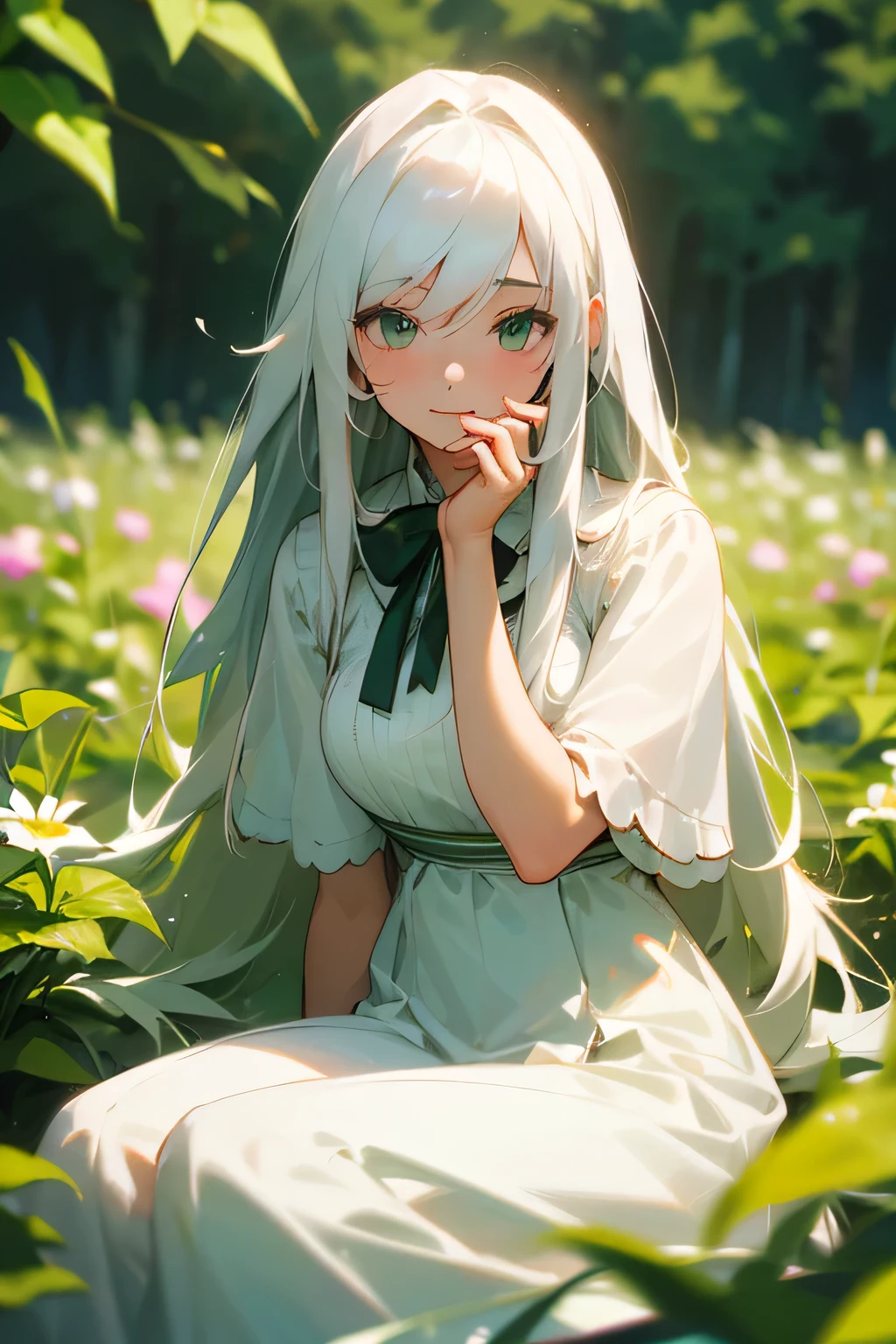 (masterpiece, best quality),1girl with long white hair sitting in a field of green plants and flowers, her hand under her chin, warm lighting, white dress, blurry foreground
