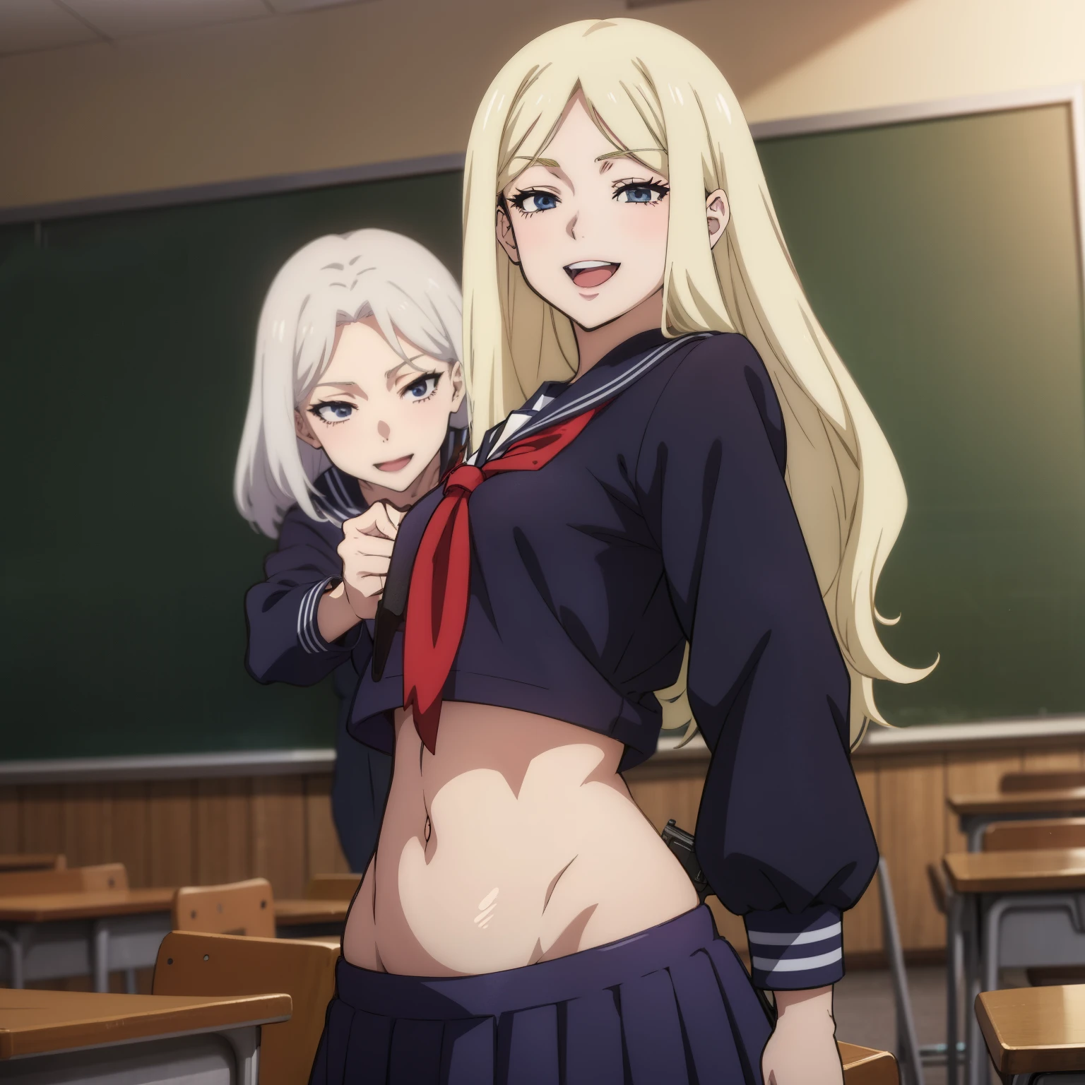 2girl, two girl, long hair, very long hair, masterpiece, best quality, highly detailed, a anime girls in sailor uniforms with a gun posing for a picture, evil smile, smile, open mouth,black_serafuku, ecchi anime style, anime girls , , ecchi style, ecchi, shipgirls, digital anime art!!, high school girls, holding a gun, hold a gun, anime style 4 k, micro skirt, exposed belly, exposed navel, exposed midriff, exposed lower belly,school, classroom,