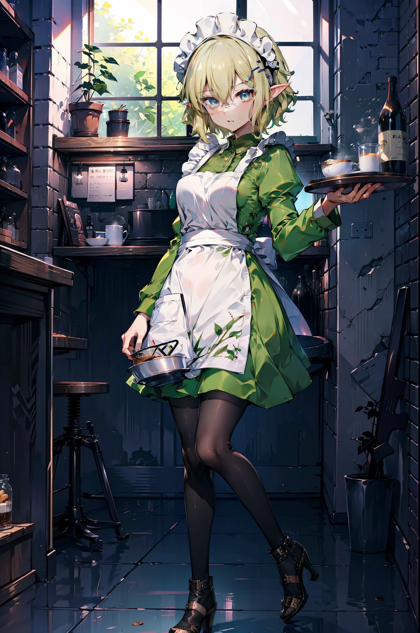 Ryurion, Ryu Lion, Blonde Hair, blue eyes, Fairy, Hair between the eyes, Pointed Ears, short hair, (Small breasts:1.2),
Break apron, black pantyhose, dress, green dress, Long sleeve, Maid, Maid apron, Maid headdress, pantyhose, White apron,tray, tray in one hand,Stiletto heels,
壊す looking at viewer,whole body,
Break indoors, Destroy the coffee shop (masterpiece:1.2), highest quality, High resolution, unity 8k wallpaper, (figure:0.8), (Beautiful fine details:1.6), Highly detailed face, Perfect lighting, Highly detailed CG, (Perfect hands, Perfect Anatomy),