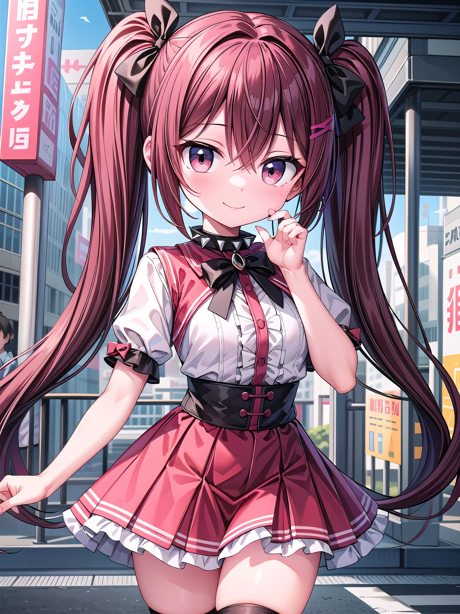 Very detailed, Absurd, Ultra-high resolution, Very detailed, highest quality,
One girl, alone, Nice hands, perfect hands
BREAK
jirai kei,Knee socks, skirt, Twin tails, pink skirt, collar, bow, black Knee socks, black bow, Long Hair, pink bow, hair bow, spiked collar
, (Browsing Caution:-1.5)
Destroying a happy smile, smile, Shut your mouth and BREAK
,
Are standing, Cowboy Shot, Blake Slender looking at viewer, cute, Perfectly symmetrical face, 超cute girl, 超cute face, Very fine eye, Ultra detailed hair, 超cute, Super beautiful BREAK Shibuya, Akihabara, Tokyo, street, crowd, Cityscape, Depth of written boundary, Ultra-detailed background BREAK Medium-sized breasts BREAK Brown hair, Brown eyes, Waterfall knitting, Hair between the eyes