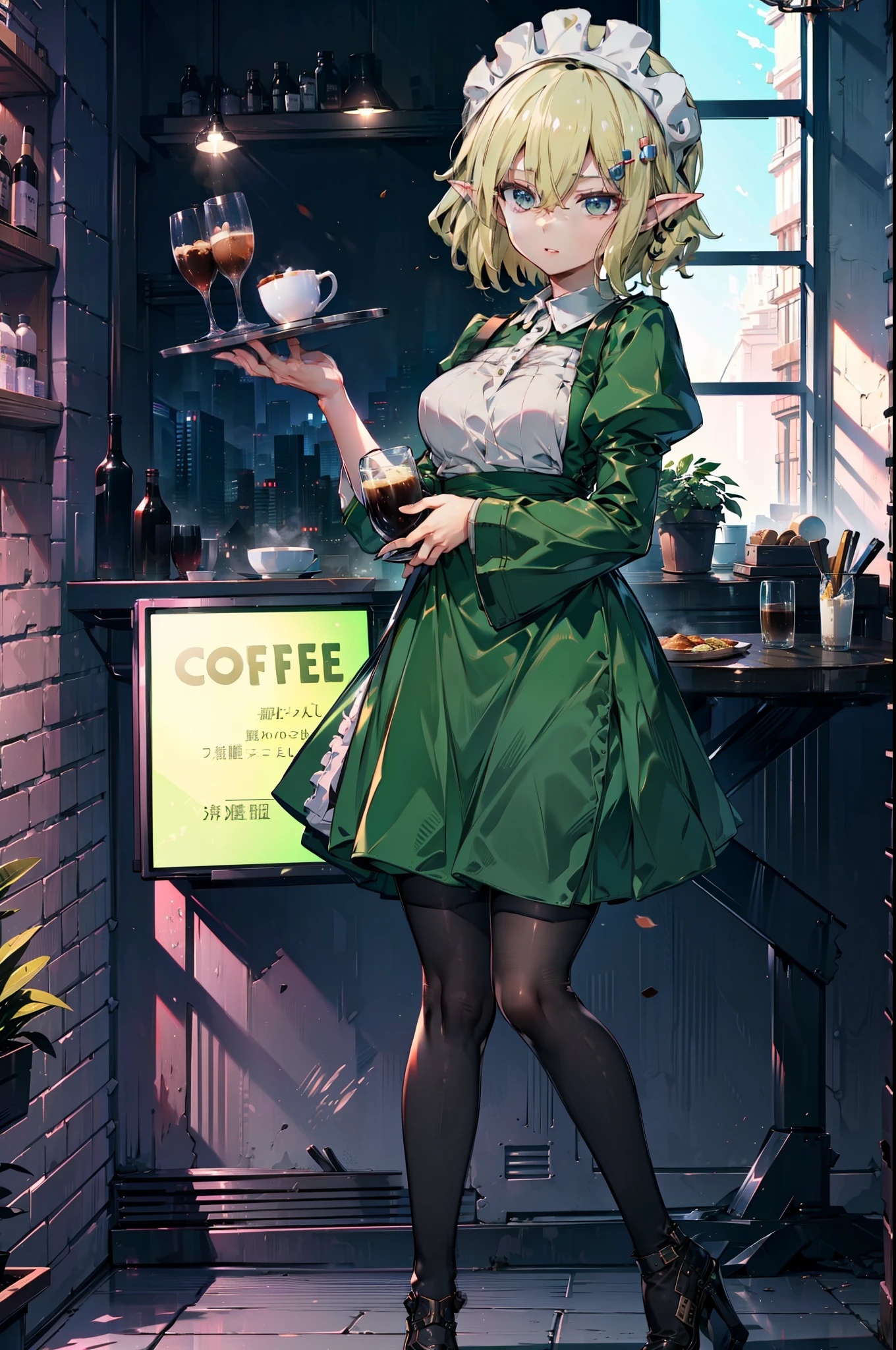 Ryurion, Ryu Lion, Blonde Hair, blue eyes, Fairy, Hair between the eyes, Pointed Ears, short hair, (Small breasts:1.2),
Break apron, black pantyhose, dress, green dress, Long sleeve, Maid, Maid apron, Maid headdress, pantyhose, White apron,tray, tray in one hand,Stiletto heels,
壊す looking at viewer,whole body,
Break indoors, Destroy the coffee shop (masterpiece:1.2), highest quality, High resolution, unity 8k wallpaper, (figure:0.8), (Beautiful fine details:1.6), Highly detailed face, Perfect lighting, Highly detailed CG, (Perfect hands, Perfect Anatomy),