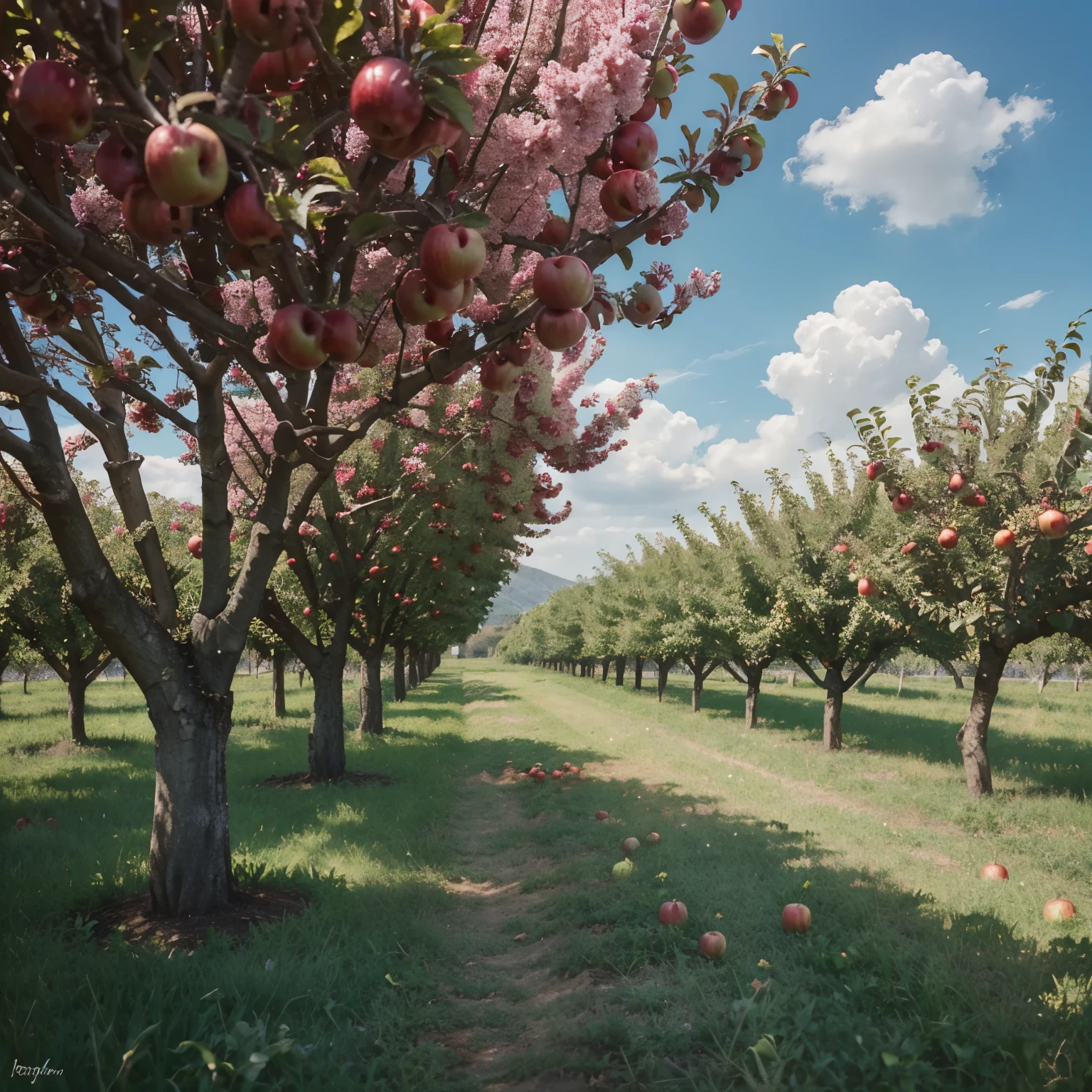 Vibrant summer orchard,There are apple trees、Fresh green leaves and red apples。The sky is blue,A few fluffy clouds floating。Style is cartoony and cheerful,Suitable as a game background。”