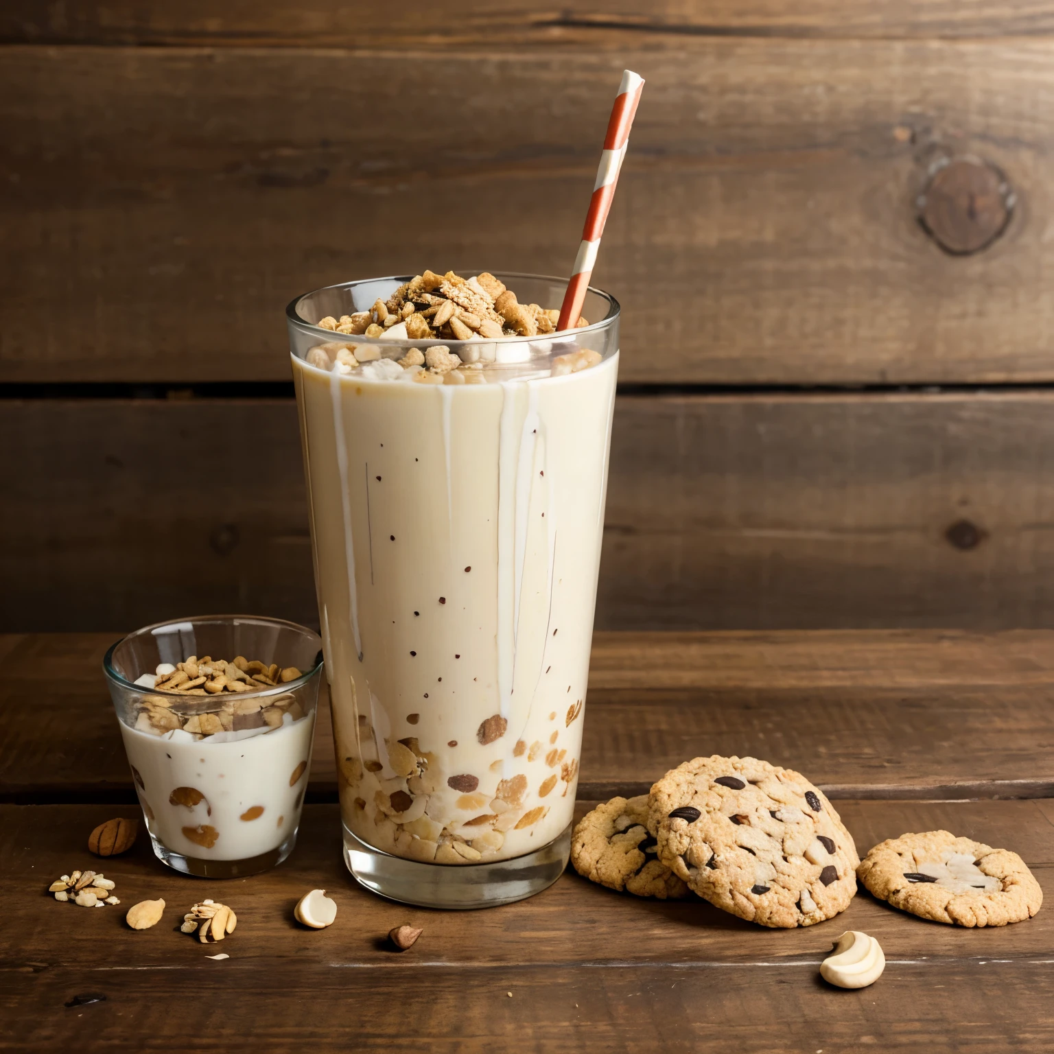 Nutritious yogurt bar, healthy cereals and nuts that look like a cookie on a traditional wooden table as real as possible. 