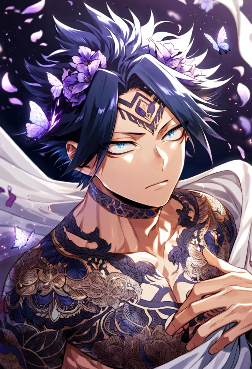 Ultra detailed, HDR, Highres, absurdres, master piece, Amajiki Tamaki, dark blue hair, expressive blue eyes, Boku No hero Academia, purple glittering butterflies, petals, fantasy, purple flowers, sexy man, solo, extremely detailed face and eyes, handsome, glittering, toned chest, black shirt with patterns, white cape, tattoo on his neck,
