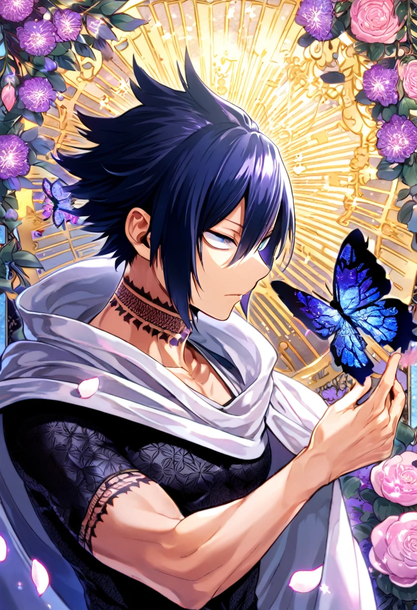 Ultra detailed, HDR, Highres, absurdres, master piece, Amajiki Tamaki, dark blue hair, expressive blue eyes, Boku No hero Academia, purple glittering butterflies, petals, fantasy, purple flowers, sexy man, solo, extremely detailed face and eyes, handsome, glittering, toned chest, black shirt with patterns, white cape, tattoo on his neck,
