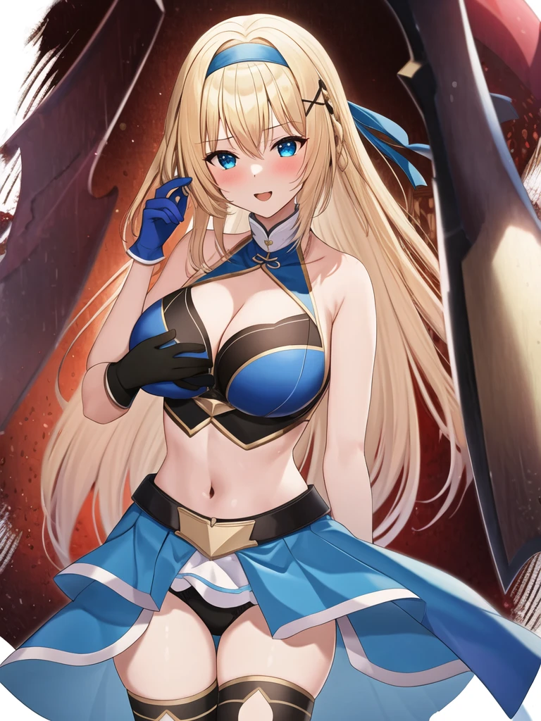 (masterpiece, best quality:1.2), 1 Girl, Solitary, blond, Blue hair band, 左边是Blue hair band, White blue breast, Black gloves, knight skirt, Solid color background