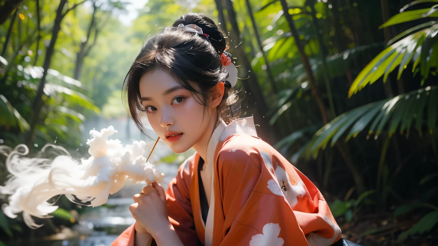 geisha、Red kimono、Inhale smoke, in the forest、Cinema Lighting, Ray Tracing, viewing angle, Eye-level shot, Hyper HD, masterpiece, Textured skin, 4K, highest quality、