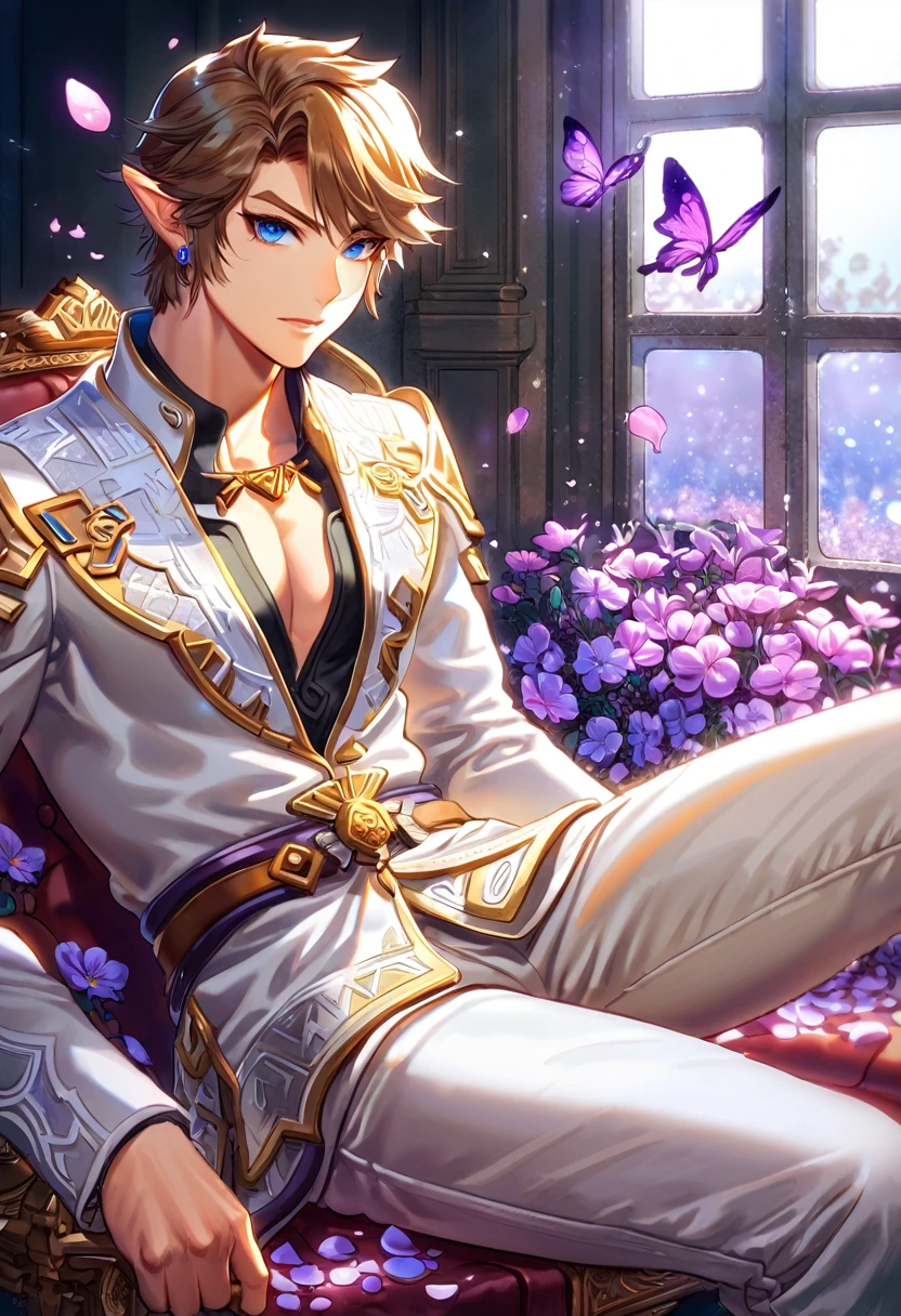 absurdres, highres, ultra detailed, HDR, master piece, best quality, Link, brown hair, expressive blue eyes, the legend of zelda twilight princess, solo, sexy man, handsome, toned chest, white coat, black tight shirt, sitting, white pants, purple butterflies, petals, purple flowers, magical, fantasy, glittering