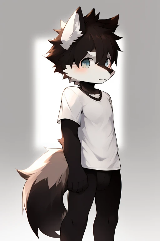 Furry wolf,((Shota)), black spandex tights, white shirt, solo, standing 