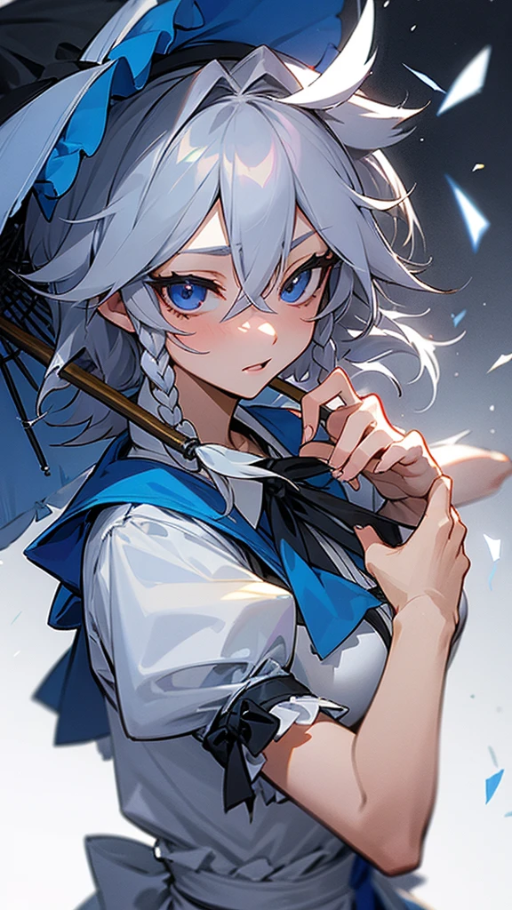 highest quality Neutral face woman I have long hair Odd Eye Gray Hair Sakuya Izayoi beautiful girl Cat ear kind Embarrassed Silver knife Sisters
