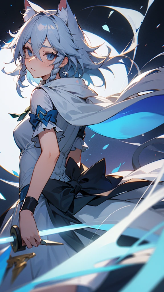 highest quality　Neutral face　woman　I have long hair　Odd Eye　Gray Hair　Sakuya Izayoi　beautiful girl　Cat ear　kind　Embarrassed　Silver knife　Sisters